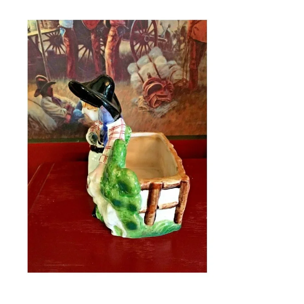 Vintage Western Cowboy Gunslinger Cactus Dog Planter Hand Painted Japan